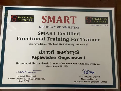 SMART Certified Functional Training for Trainers certificate, Smartgym Fitness Thailand